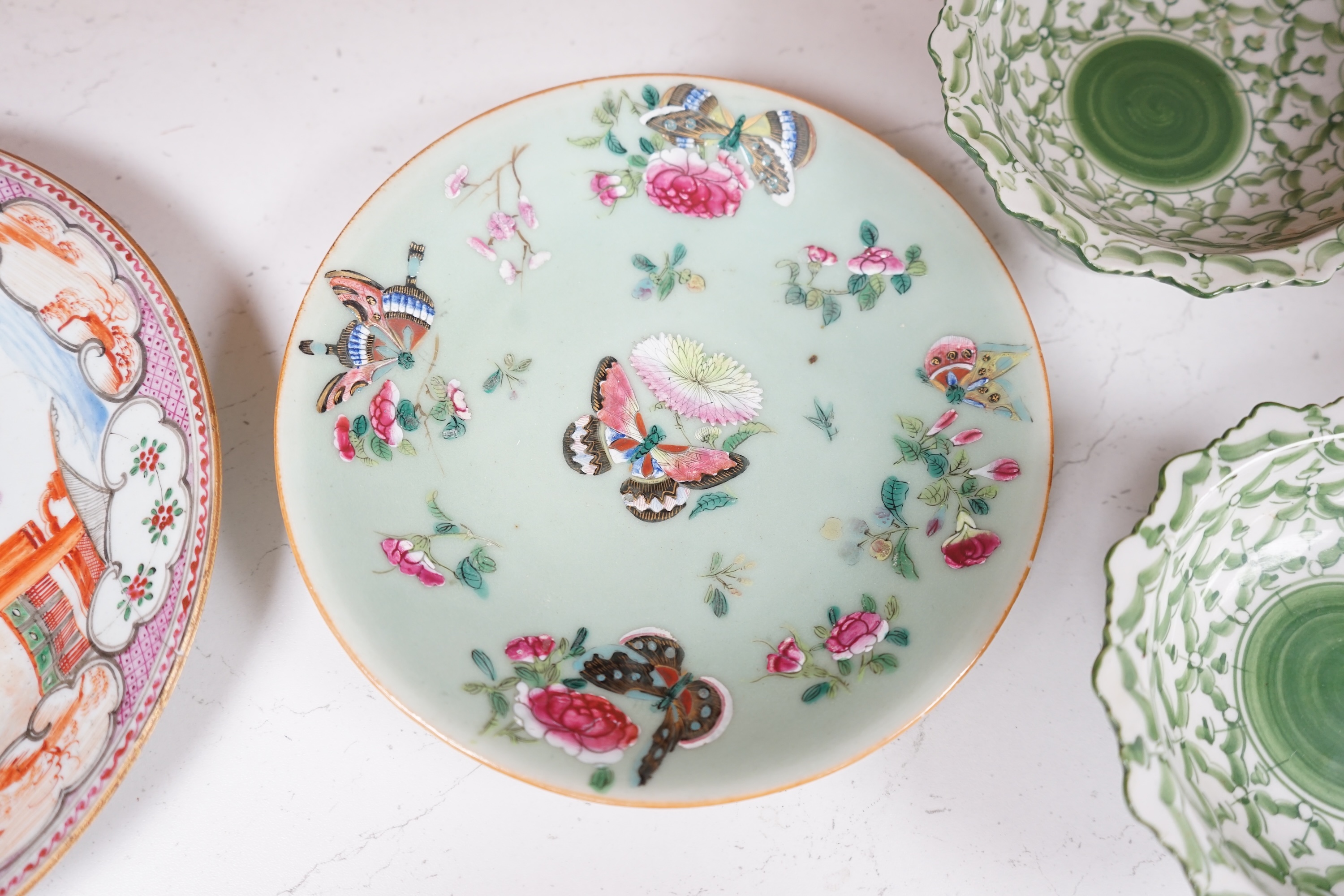 A Chinese export famille rose plate, two pedestal stem dishes and another famille rose dish, Canton plate 23cm diameter. Condition - fair